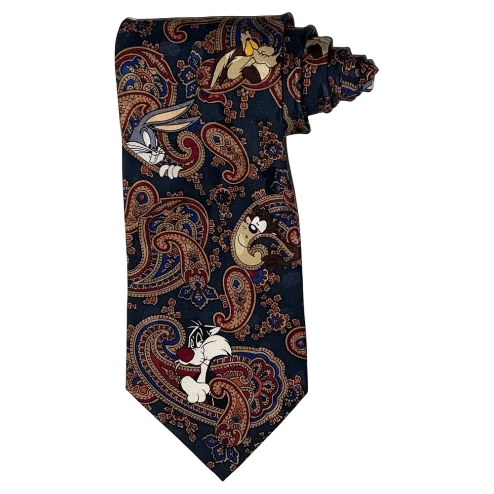 Looney Tunes Mania Necktie Men’s Blue Tan Red 56x3.75 Vintage Handmade 100% Silk